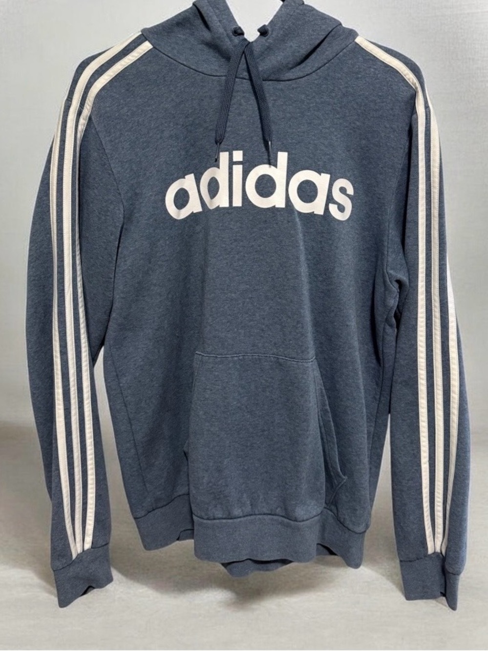 adidas Men’s Heather Blue Gray Hoodie | White Logo and Stripes Medium